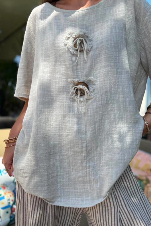 Izi Cheesecloth Button Tee Stone